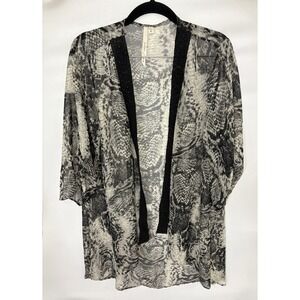Bellatrix Sheer Ikat Kimono Cardigan Women's Medium Black Trim Boho Open Front